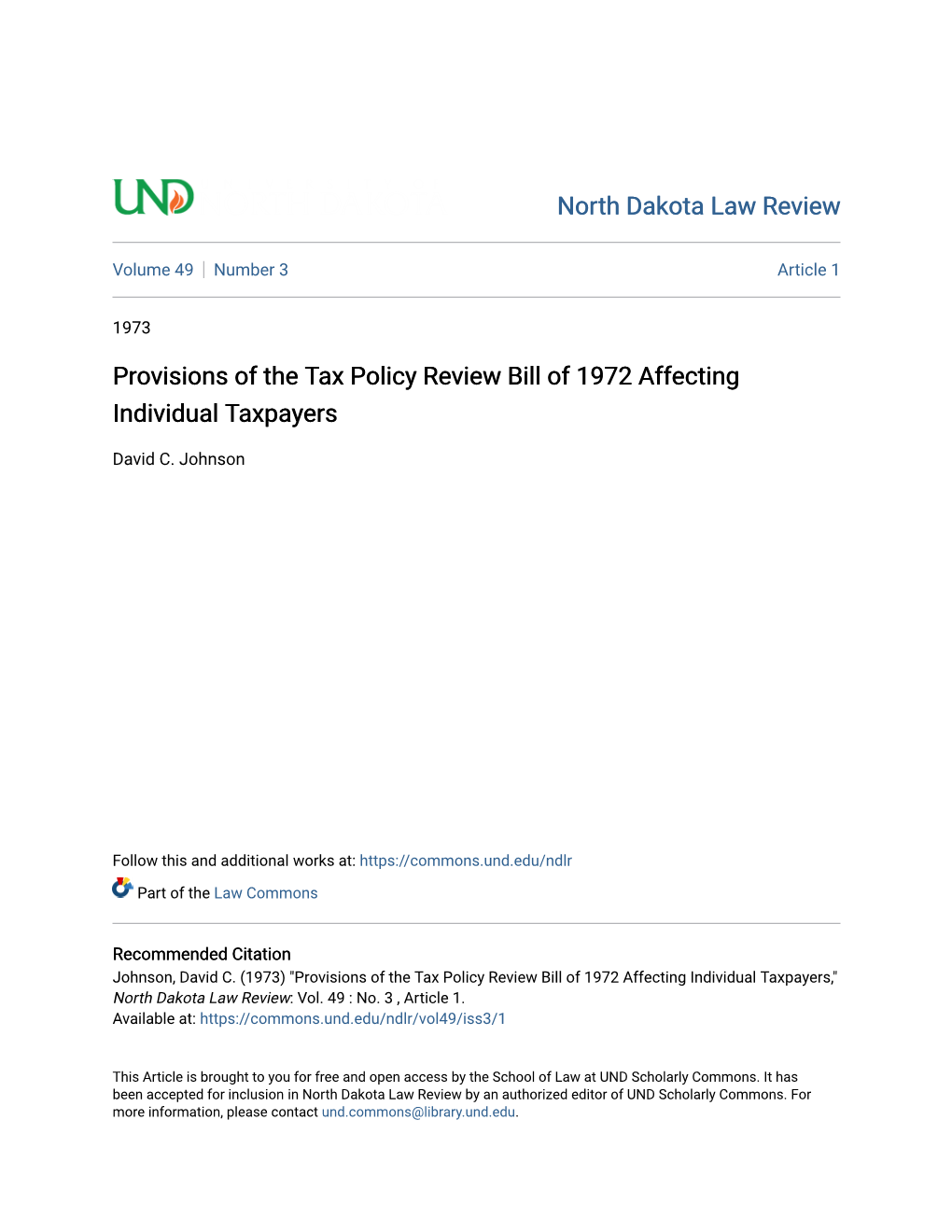 Provisions of the Tax Policy Review Bill of 1972 Affecting Individual Taxpayers