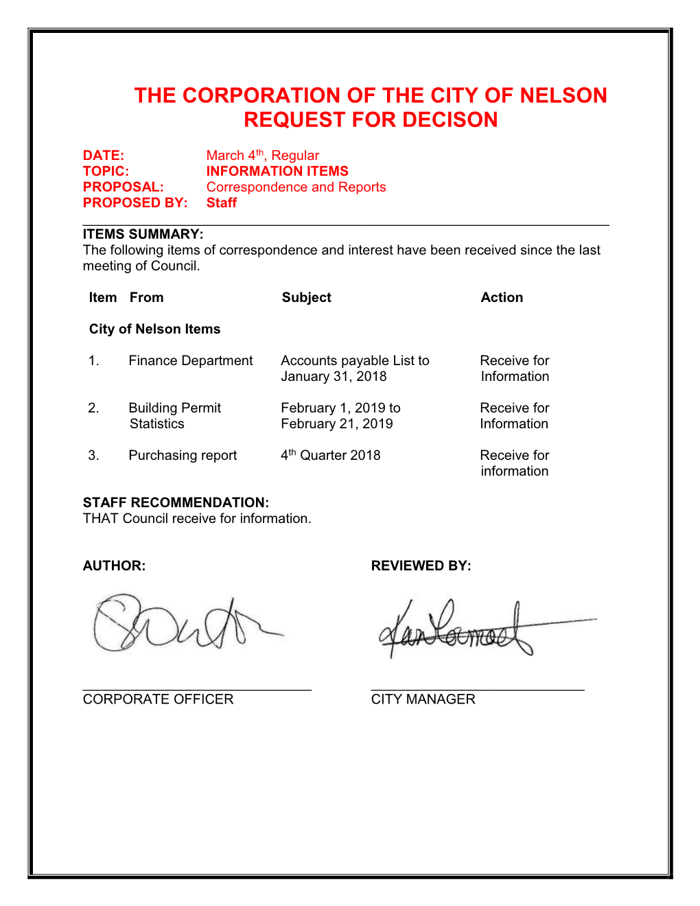The Corporation of the City of Nelson Request for Decison