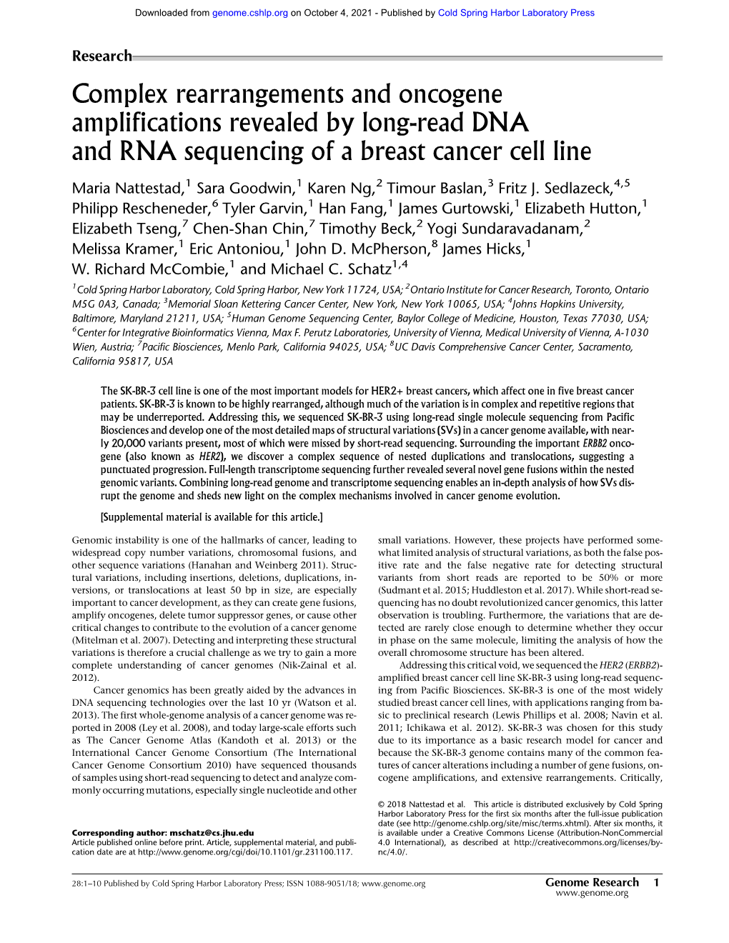 Complex Rearrangements and Oncogene Amplifications Revealed by Long-Read DNA and RNA Sequencing of a Breast Cancer Cell Line