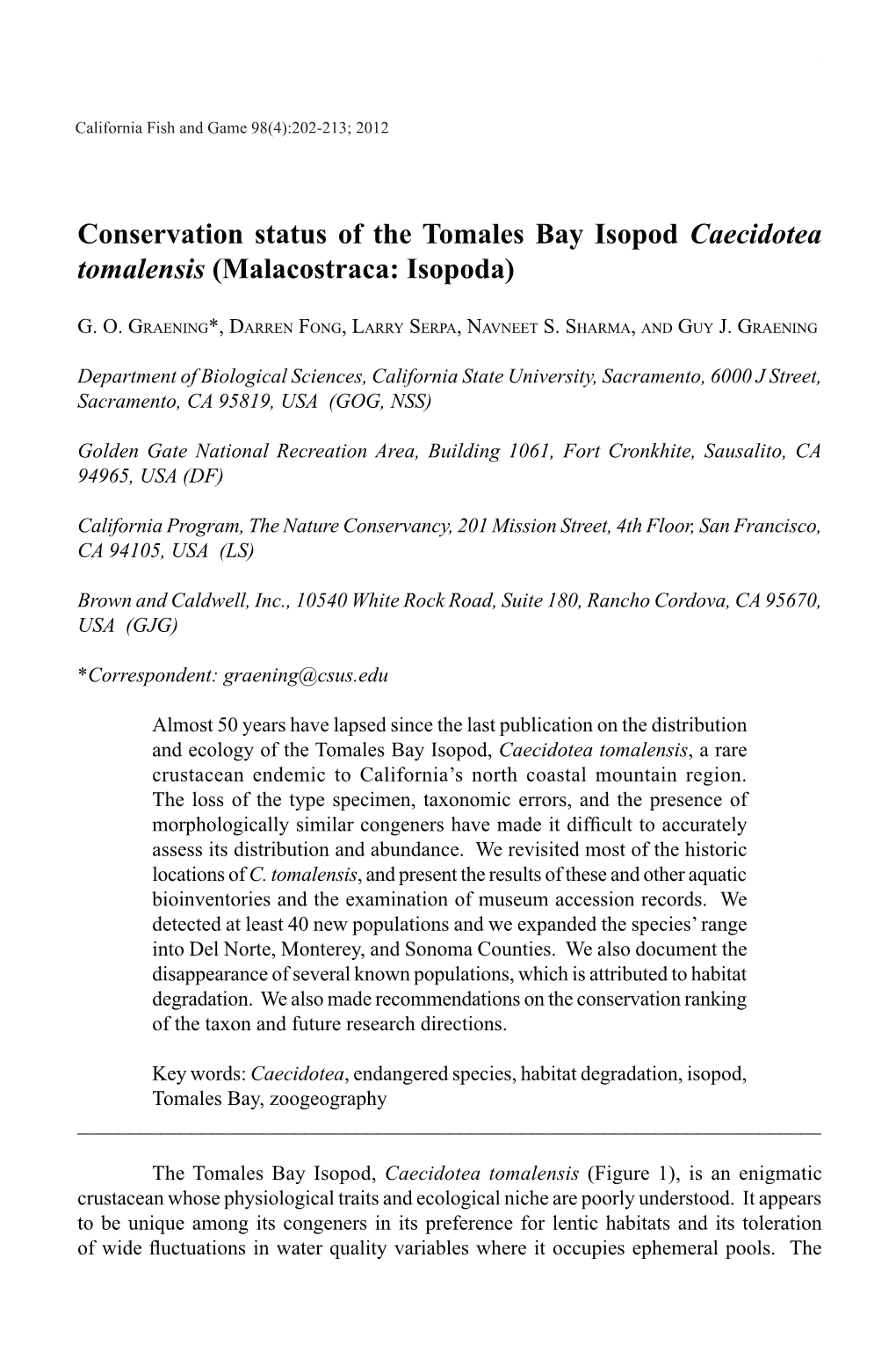 Conservation Status of the Tomales Bay Isopod Caecidotea Tomalensis (Malacostraca: Isopoda)