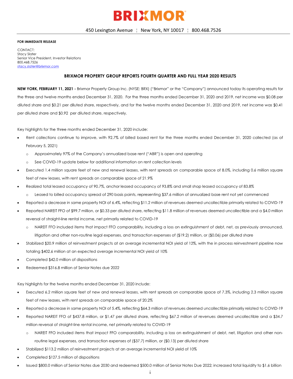 Brixmor Property Group Reports Fourth Quarter and Full Year 2020 Results