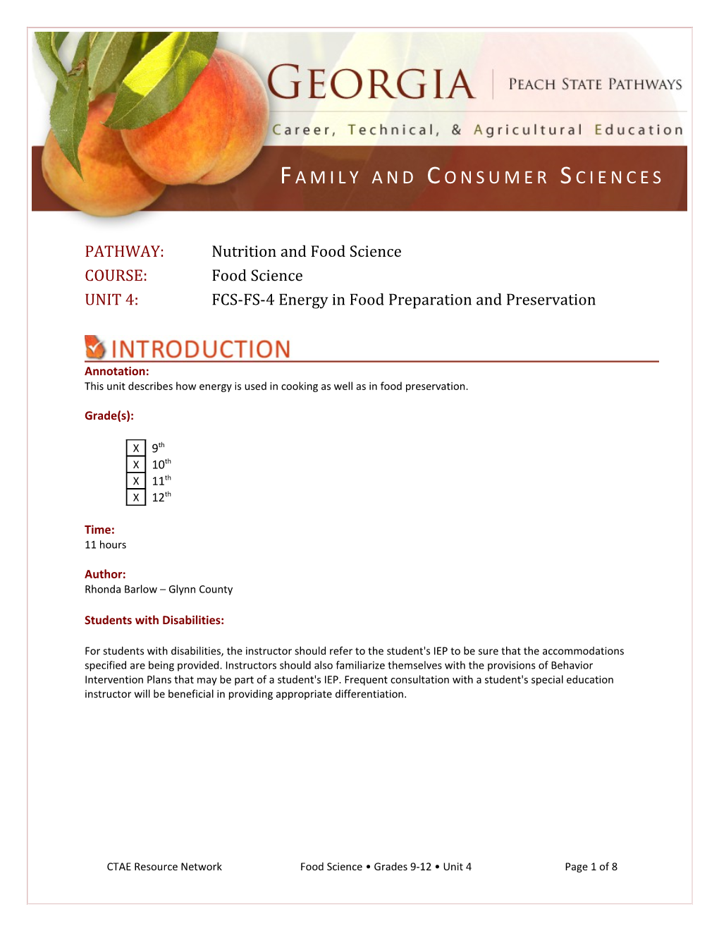 UNIT 4: FCS-FS-4 Energy in Food Preparation and Preservation