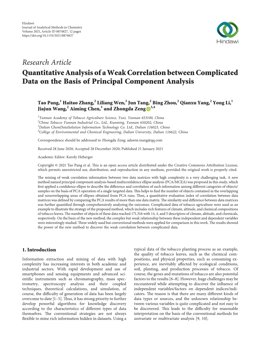 Quantitative Analysis of a Weak Correlation Between Complicated Data on the Basis of Principal Component Analysis