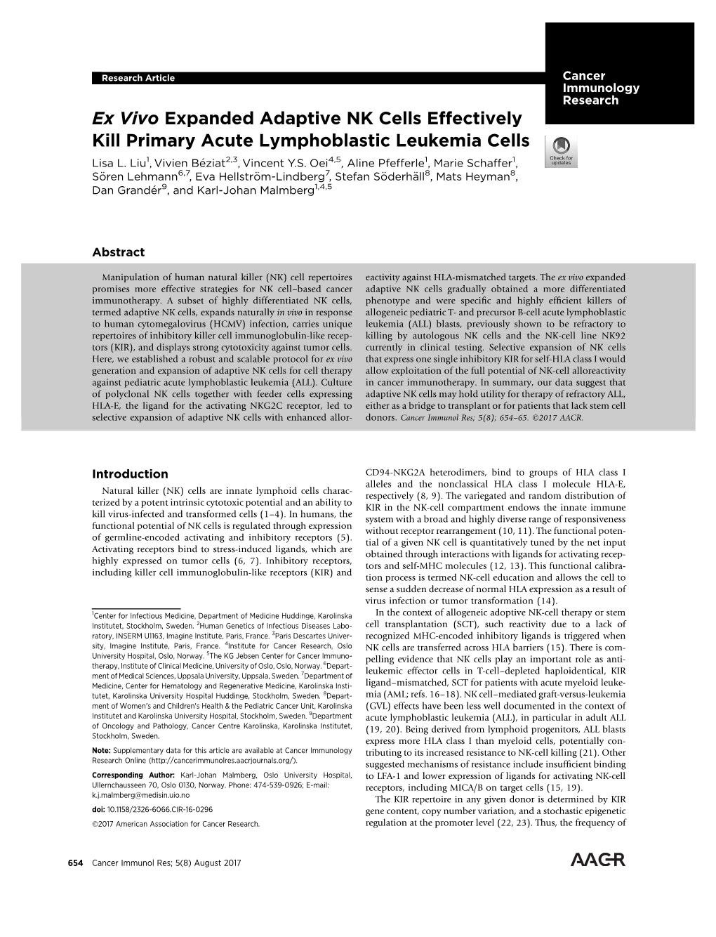 Ex Vivo Expanded Adaptive NK Cells Effectively Kill Primary Acute Lymphoblastic Leukemia Cells Lisa L