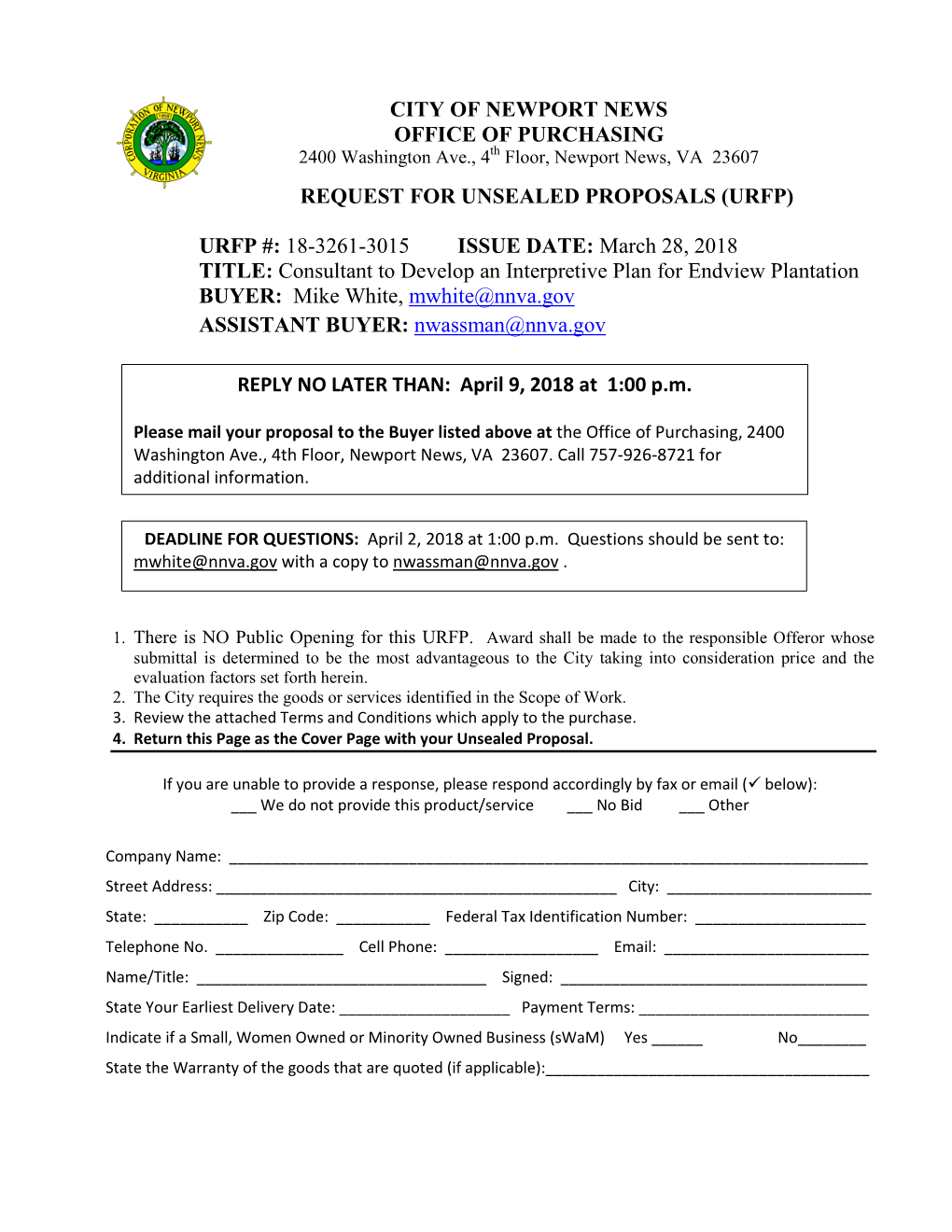April 9, 2018 at 1:00 Pm REQUEST for UNSEALED PROPOSALS
