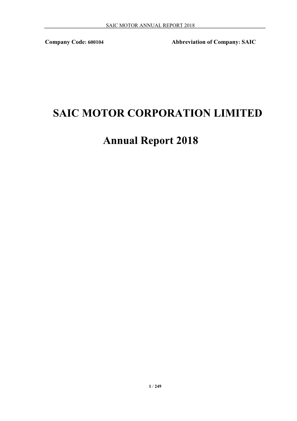 SAIC MOTOR CORPORATION LIMITED Annual Report 2018