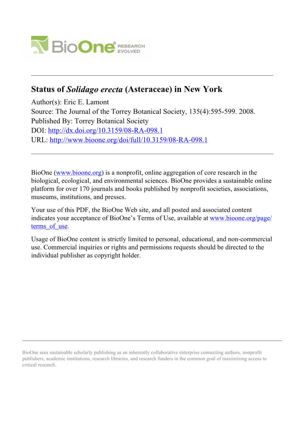 Status of Solidago Erecta in NY