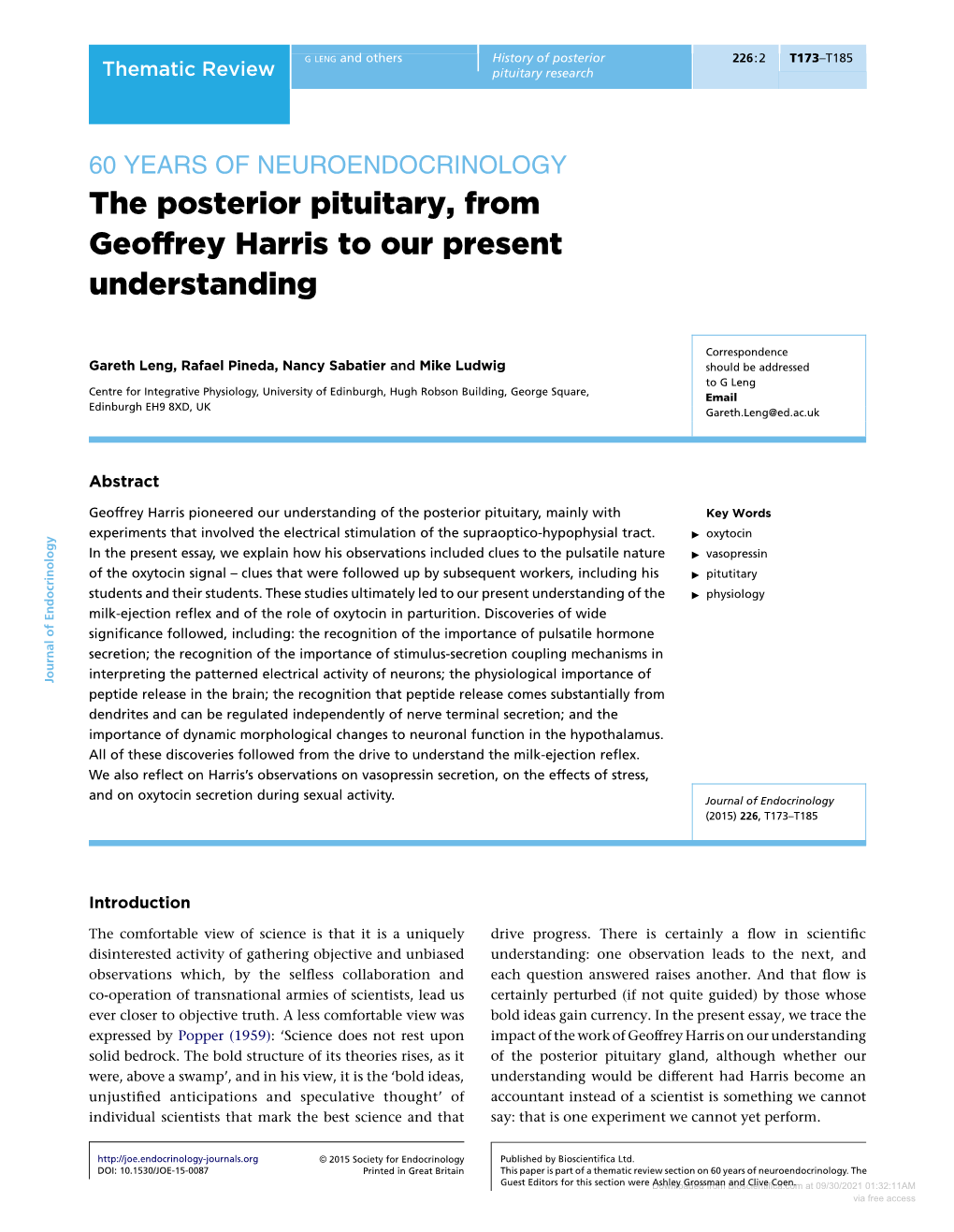 The Posterior Pituitary, from Geoffrey Harris to Our Present Understanding
