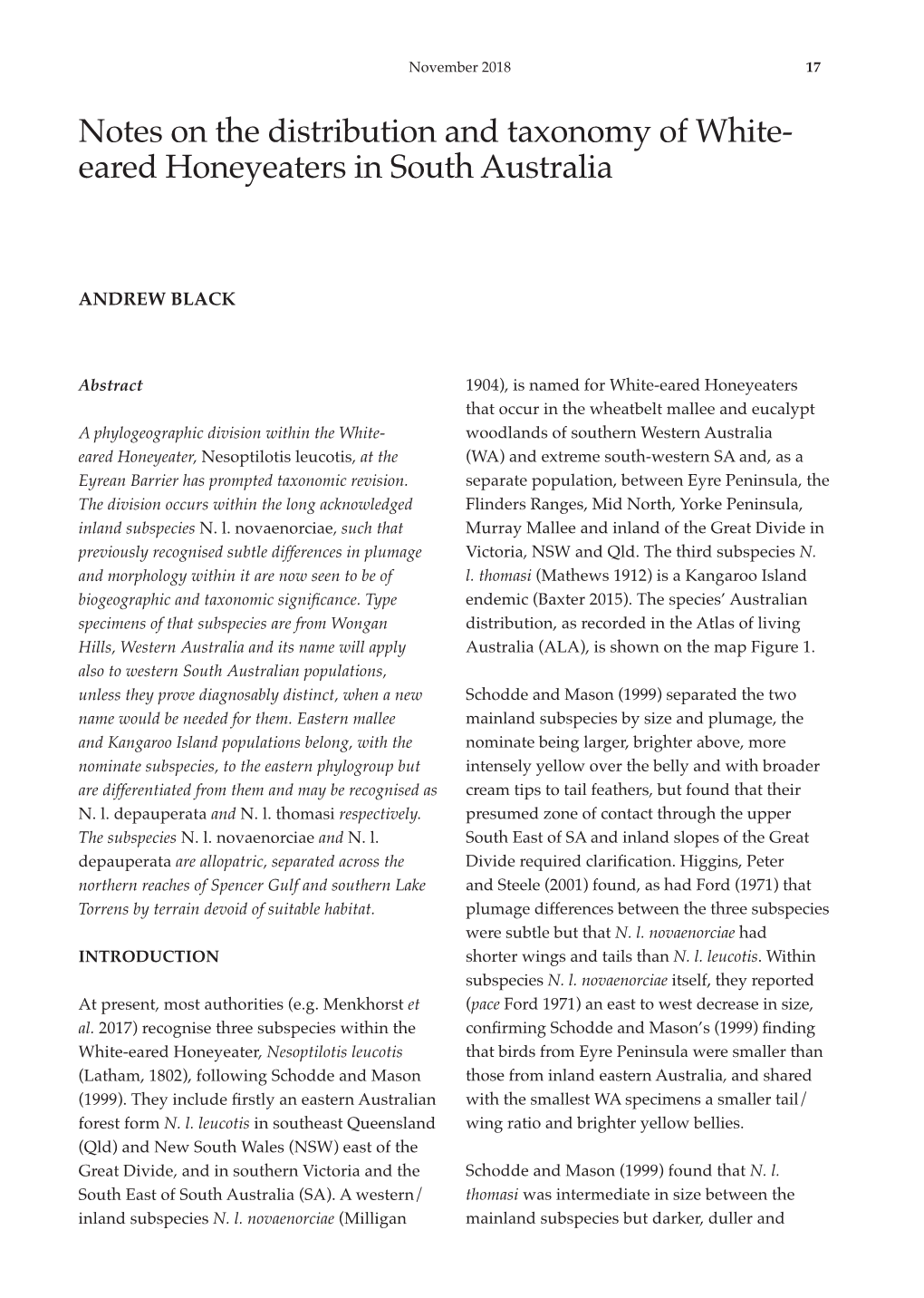 Notes on the Distribution and Taxonomy of White- Eared Honeyeaters in South Australia