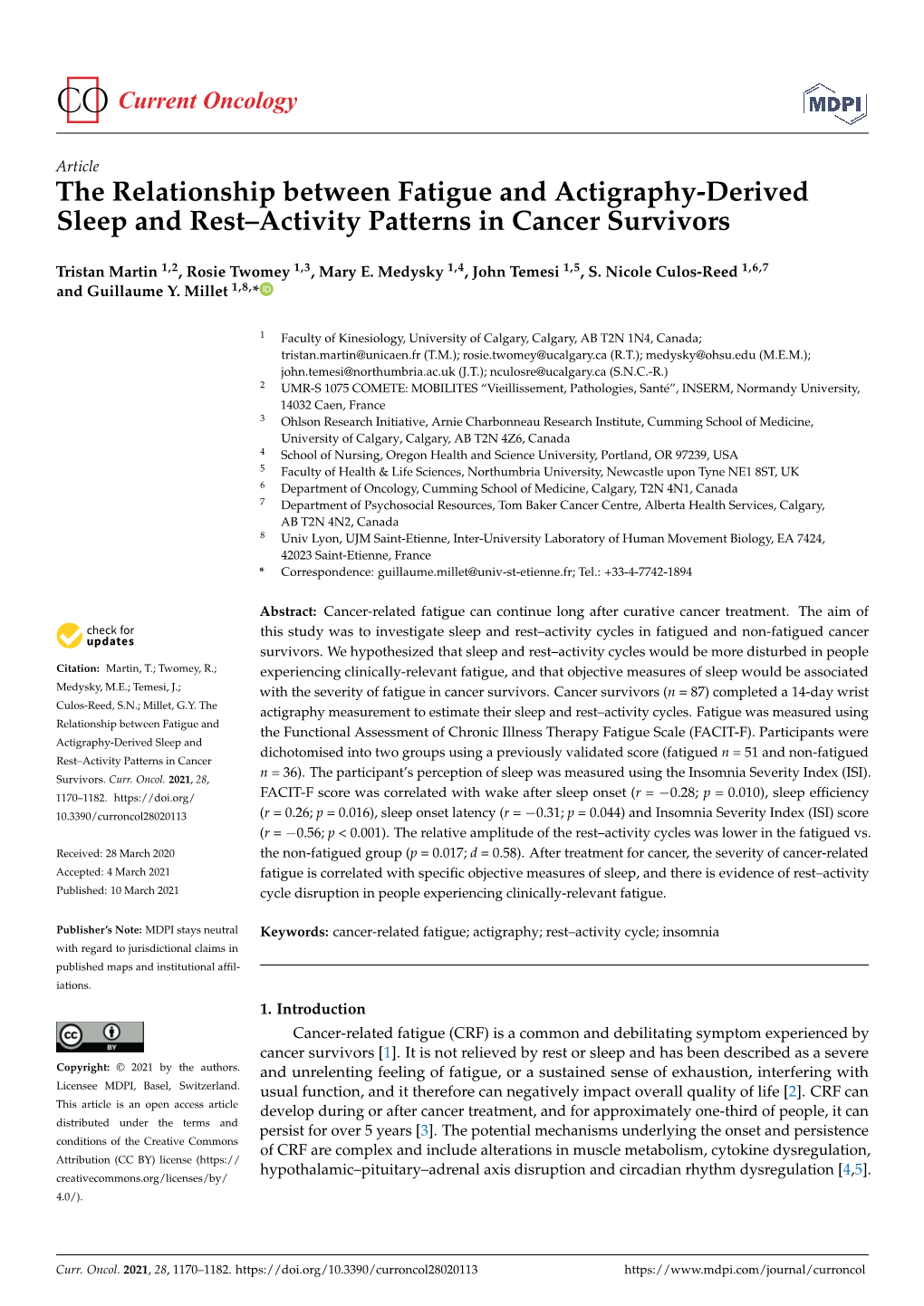 The Relationship Between Fatigue and Actigraphy-Derived Sleep and Rest–Activity Patterns in Cancer Survivors