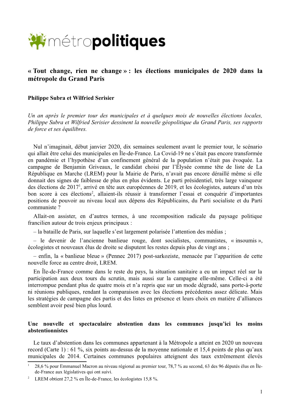 Tout Change, Rien Ne Change » : Les Élections Municipales De 2020 Dans La Métropole Du Grand Paris