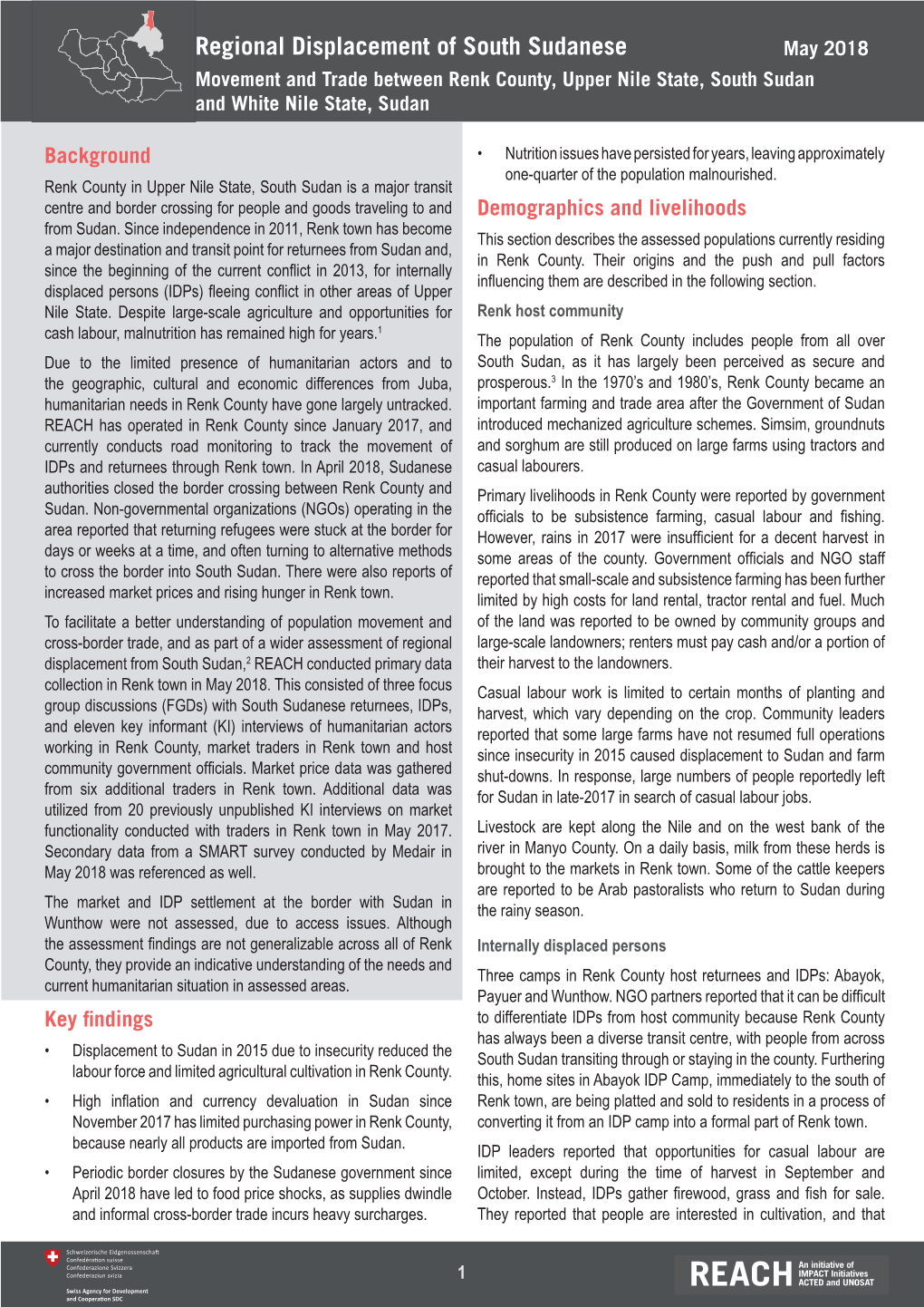 Regional Displacement of South Sudanese May 2018 Movement and Trade Between Renk County, Upper Nile State, South Sudan and White Nile State, Sudan