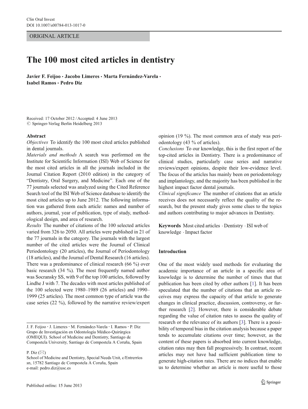 The 100 Most Cited Articles in Dentistry