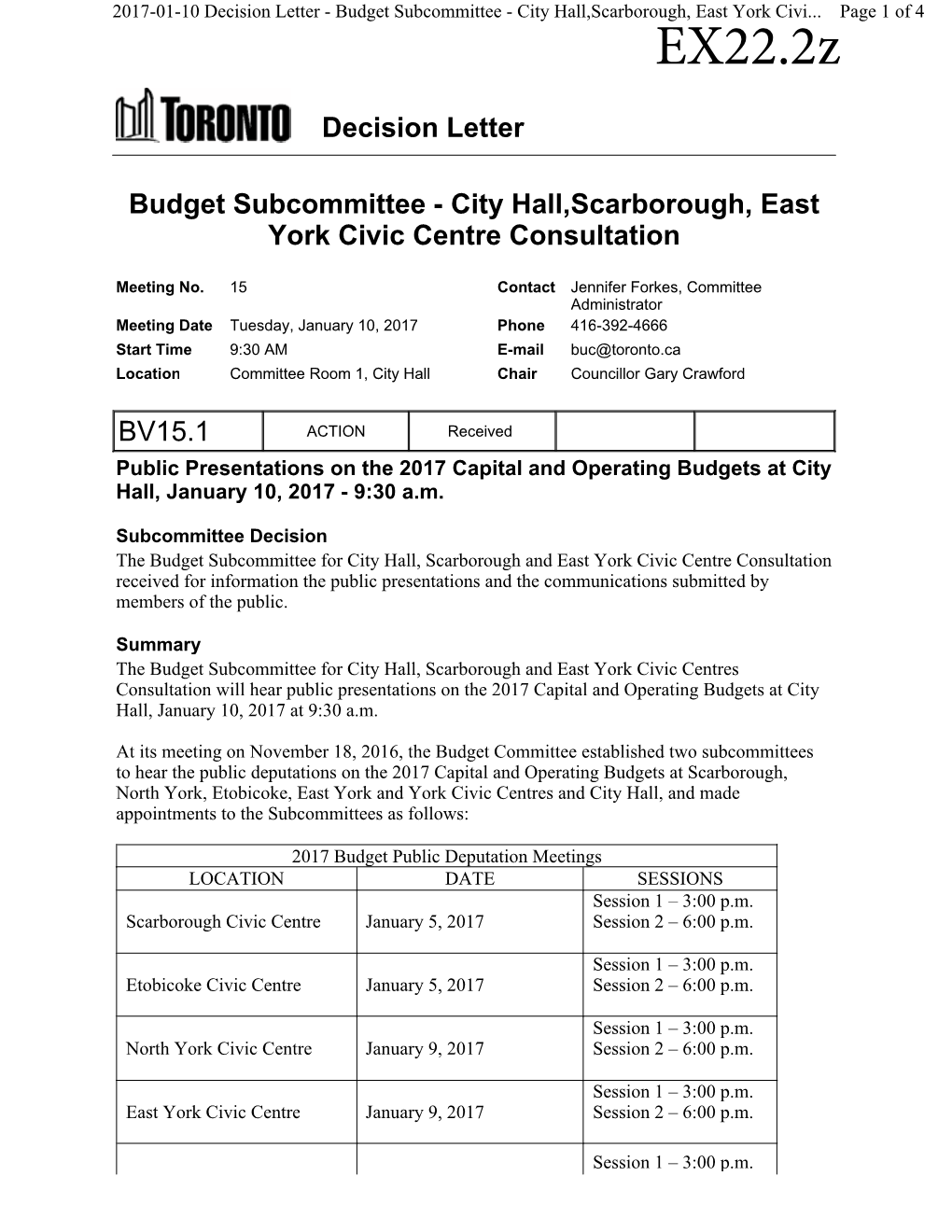 Budget Subcommittee - City Hall,Scarborough, East York Civi