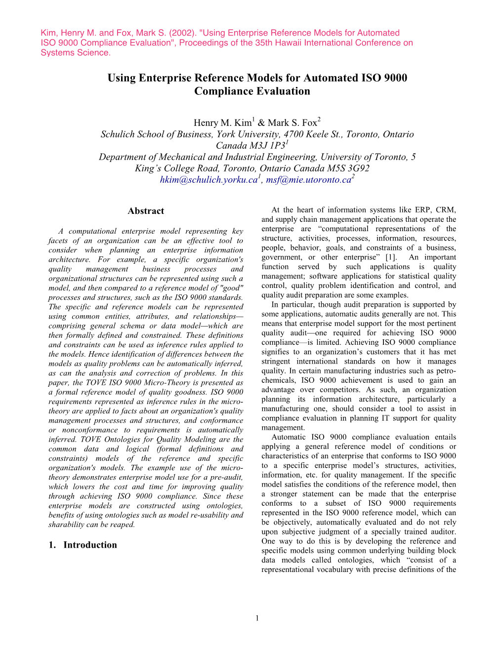 Using Enterprise Reference Models for Automated ISO 9000 Compliance Evaluation