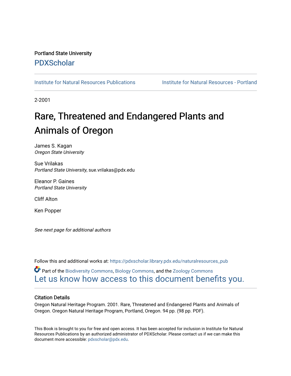 Rare, Threatened and Endangered Plants and Animals of Oregon