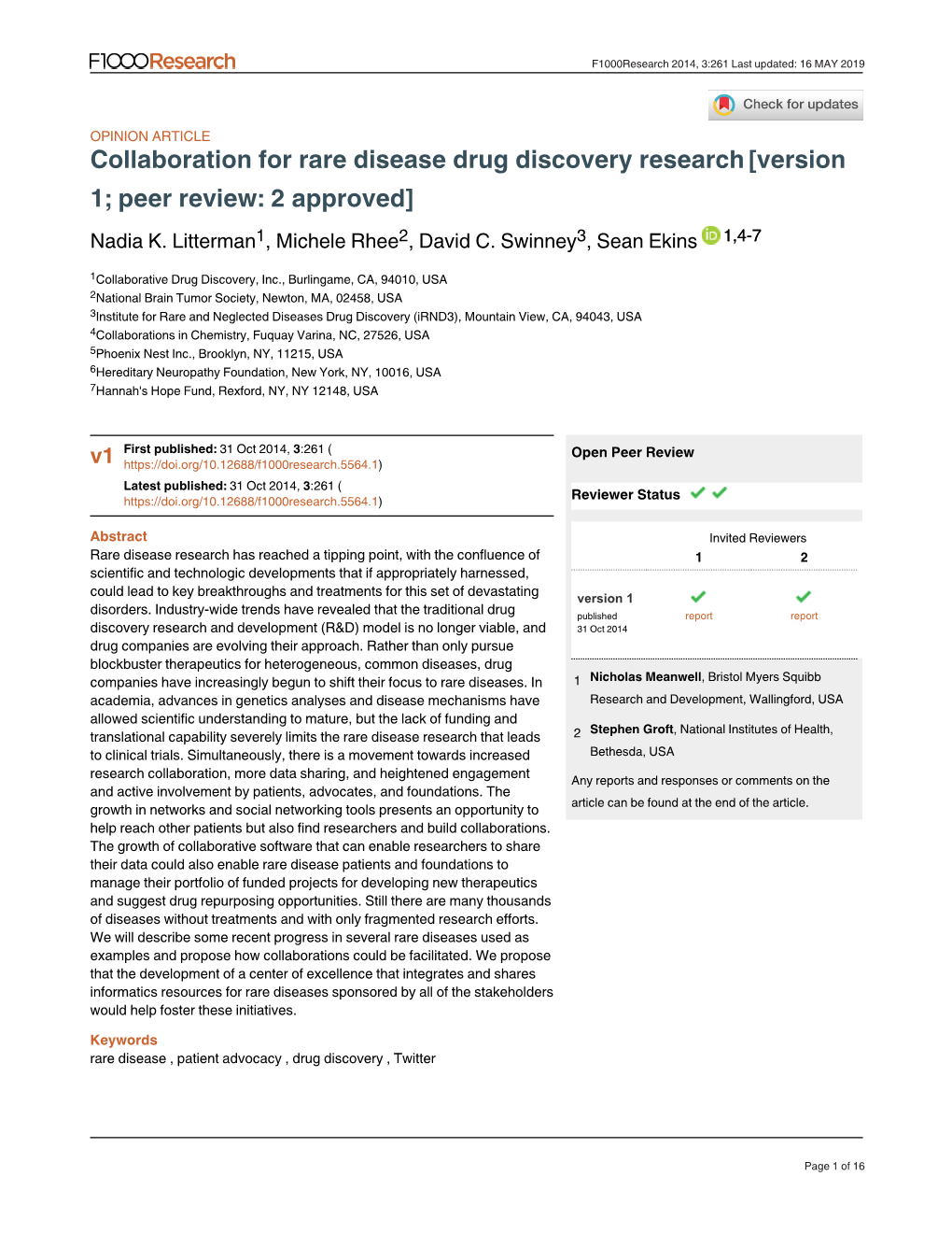 Collaboration for Rare Disease Drug Discovery Research[Version 1; Peer