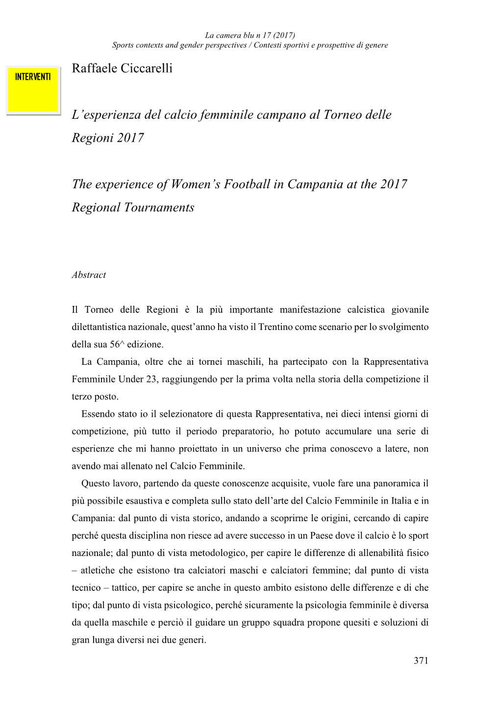 Raffaele Ciccarelli L'esperienza Del Calcio Femminile Campano Al