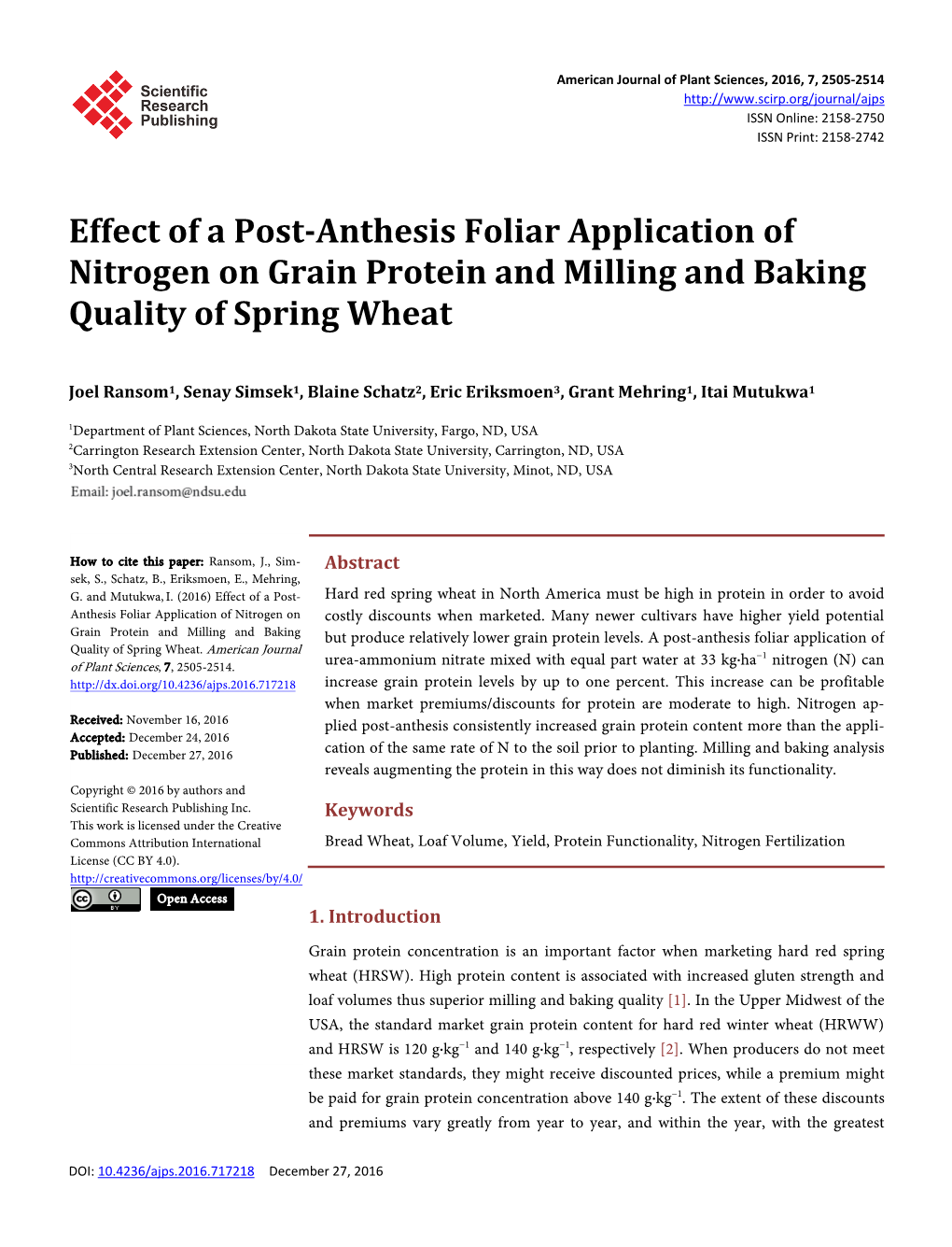 Effect of a Post-Anthesis Foliar Application of Nitrogen on Grain Protein and Milling and Baking Quality of Spring Wheat