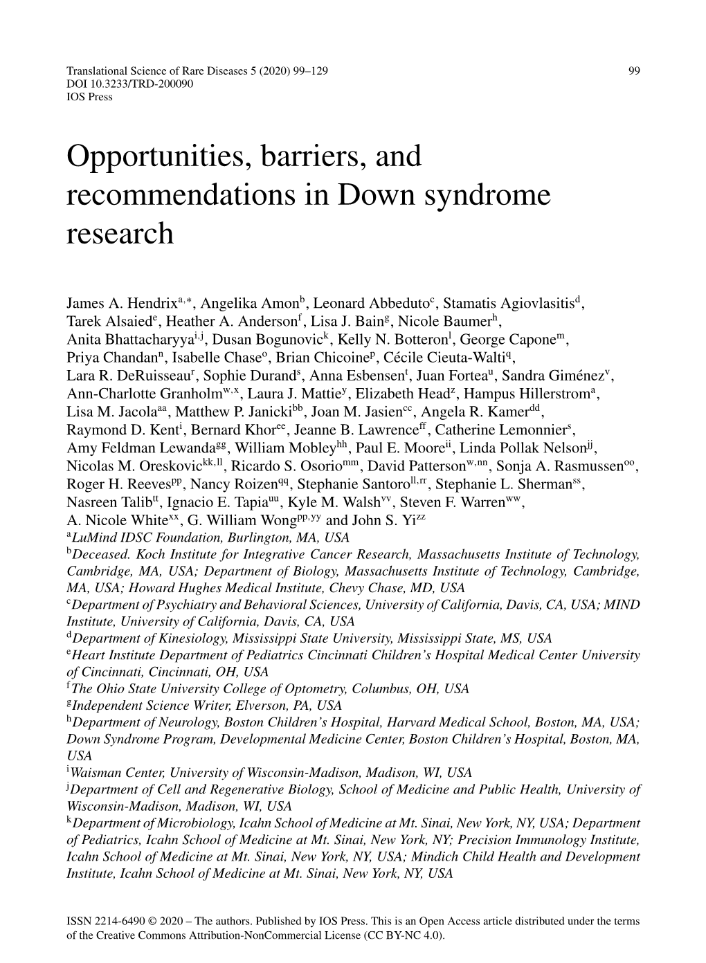 Opportunities, Barriers, and Recommendations in Down Syndrome Research
