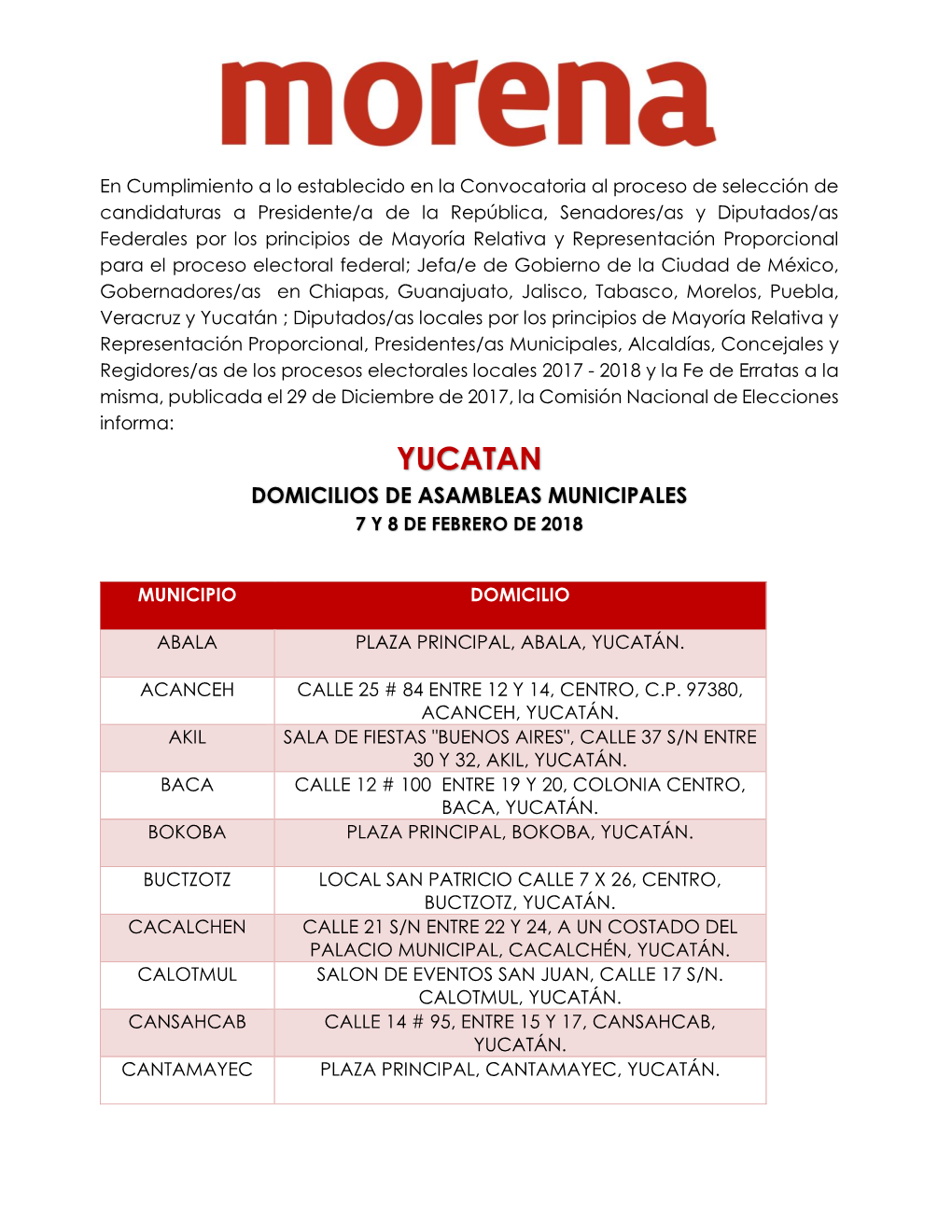 Yucatan Domicilios De Asambleas Municipales 7 Y 8 De Febrero De 2018