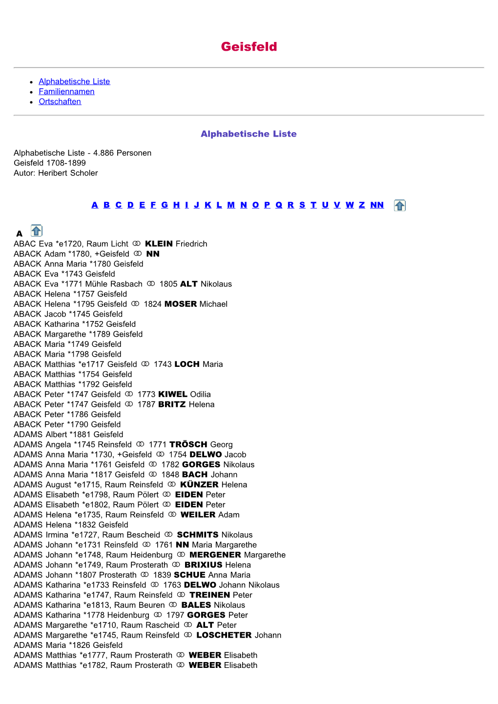 ABC-Listen Zum Familiebuch Rk. Geisfeld 1708-1899