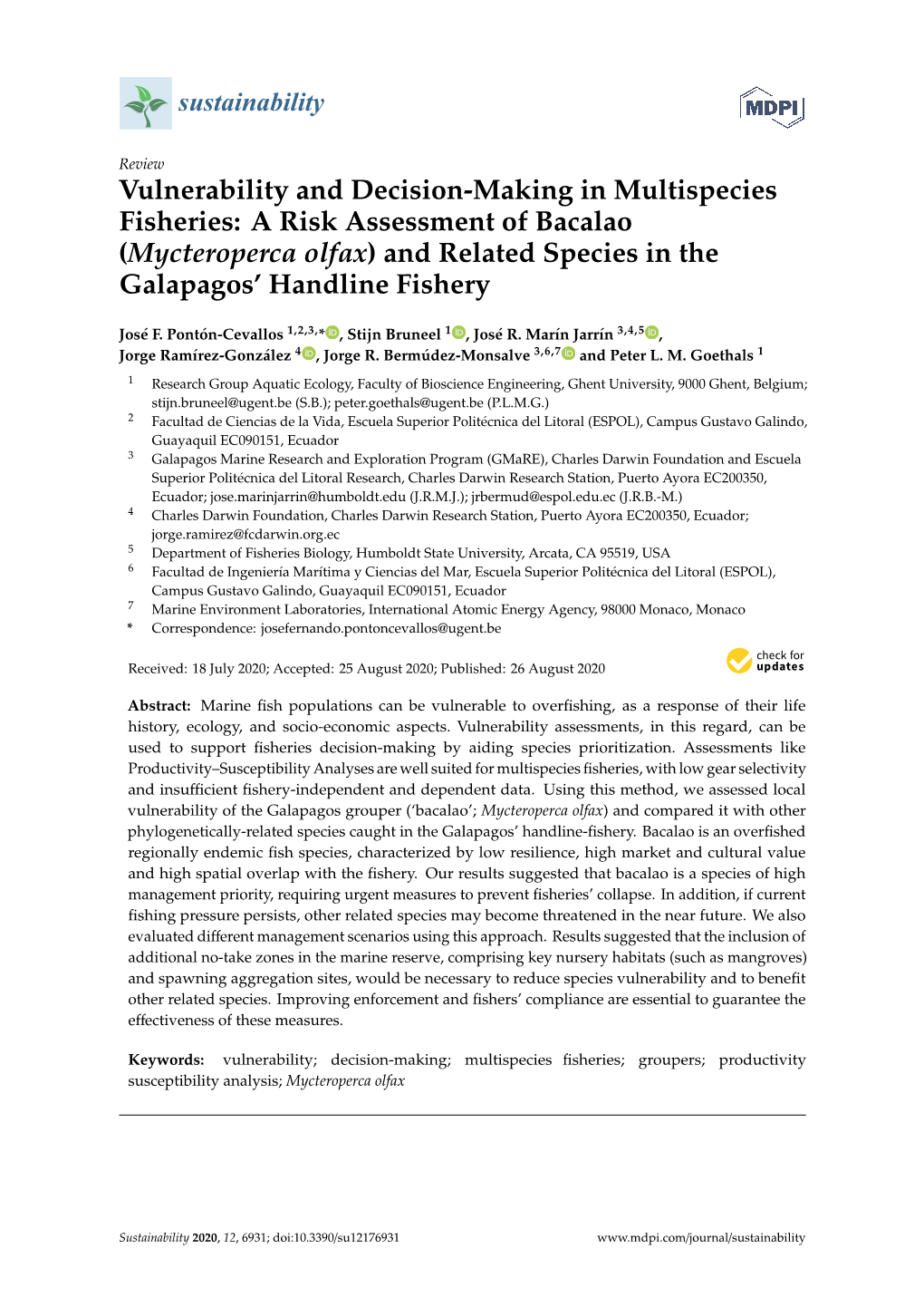 Vulnerability and Decision-Making in Multispecies Fisheries: a Risk Assessment of Bacalao (Mycteroperca Olfax) and Related Species in the Galapagos’ Handline Fishery