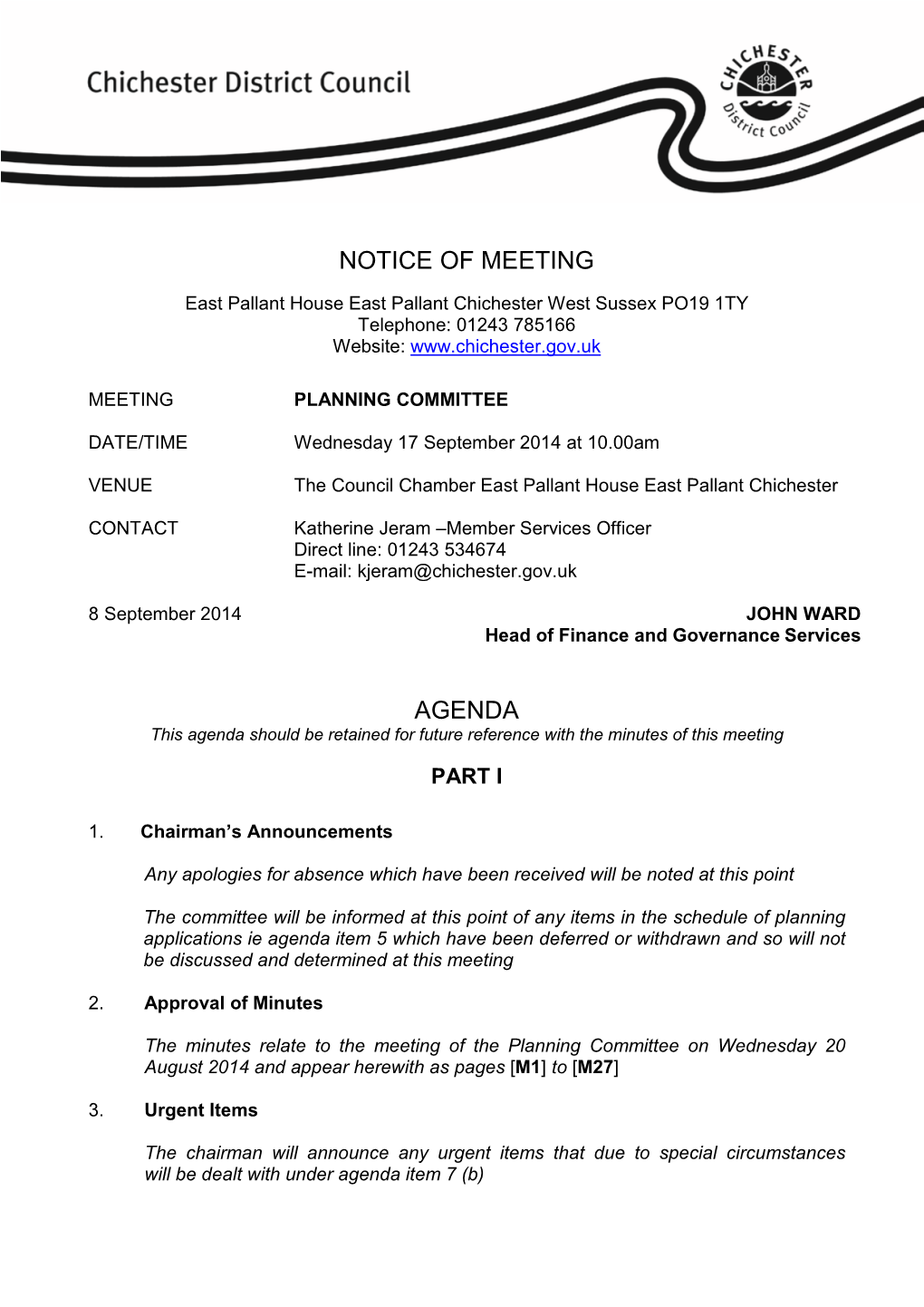 Notice of Meeting Agenda