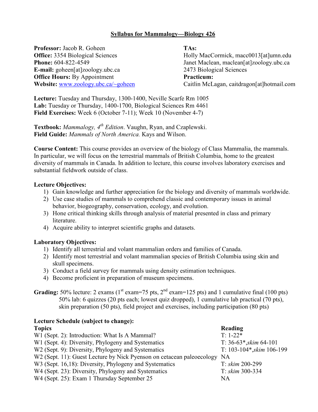 Syllabus for Mammalogy—Biology 426 Professor: Jacob R. Goheen