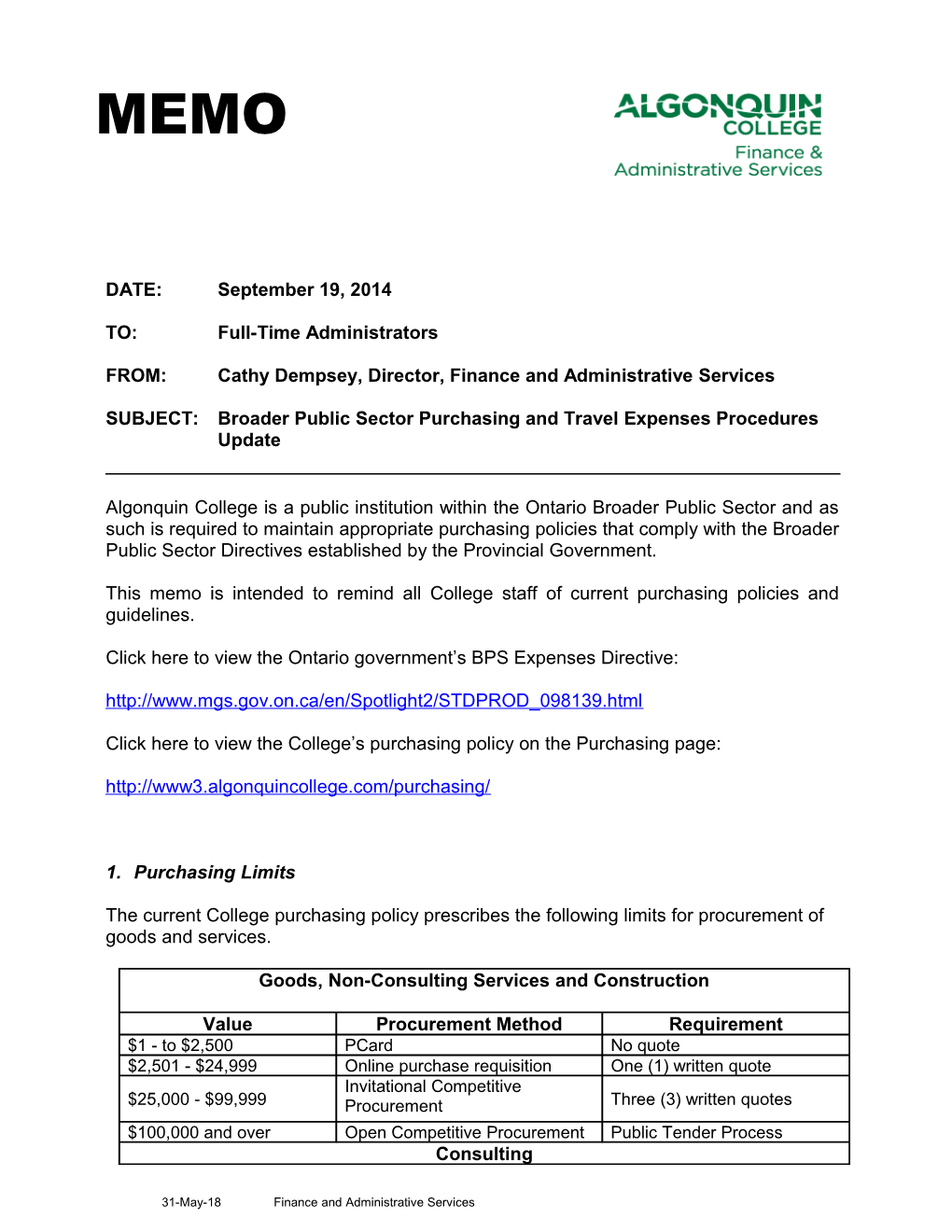 SUBJECT: Broader Public Sector Purchasing and Travel Expenses Procedures Update