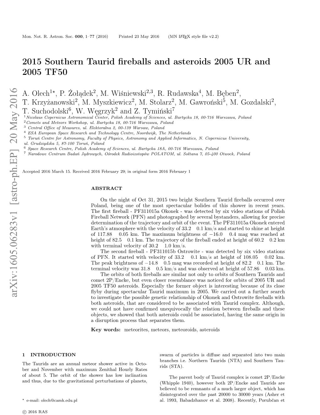 2015 Southern Taurid Fireballs and Asteroids 2005 UR and 2005 TF50