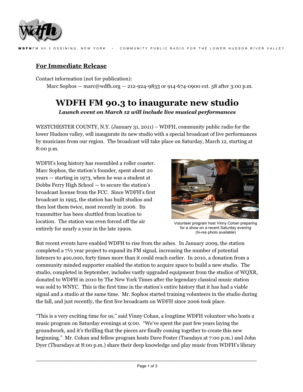 WDFH FM 90.3 to Inaugurate New Studio Launch Event on March 12 Will Include Live Musical Performances