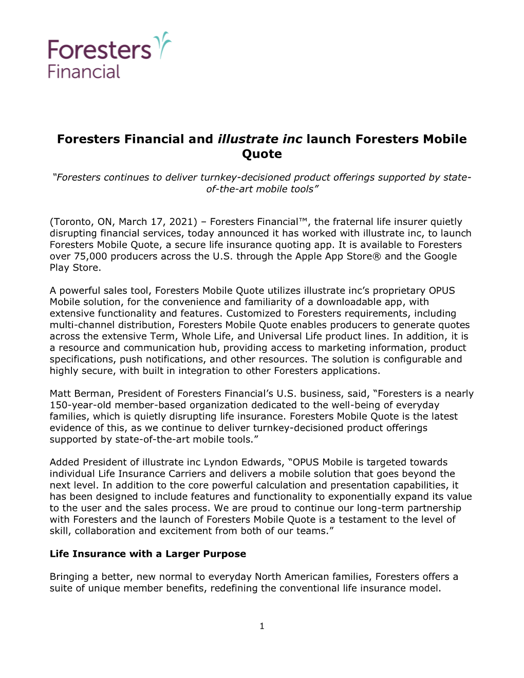 Foresters Financial and Illustrate Inc Launch Foresters Mobile Quote
