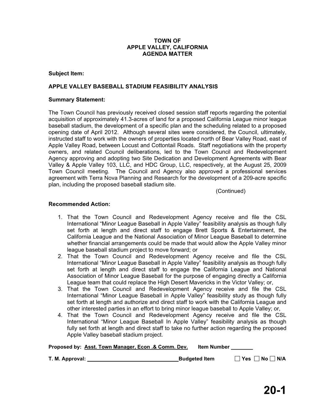 Apple Valley Baseball Stadium Feasibility Analysis