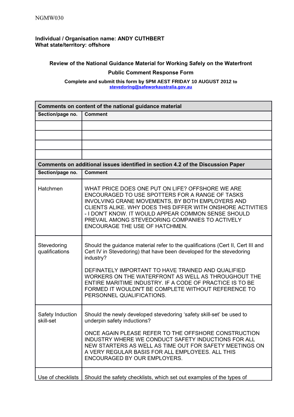 Individual / Organisation Name: ANDY CUTHBERT