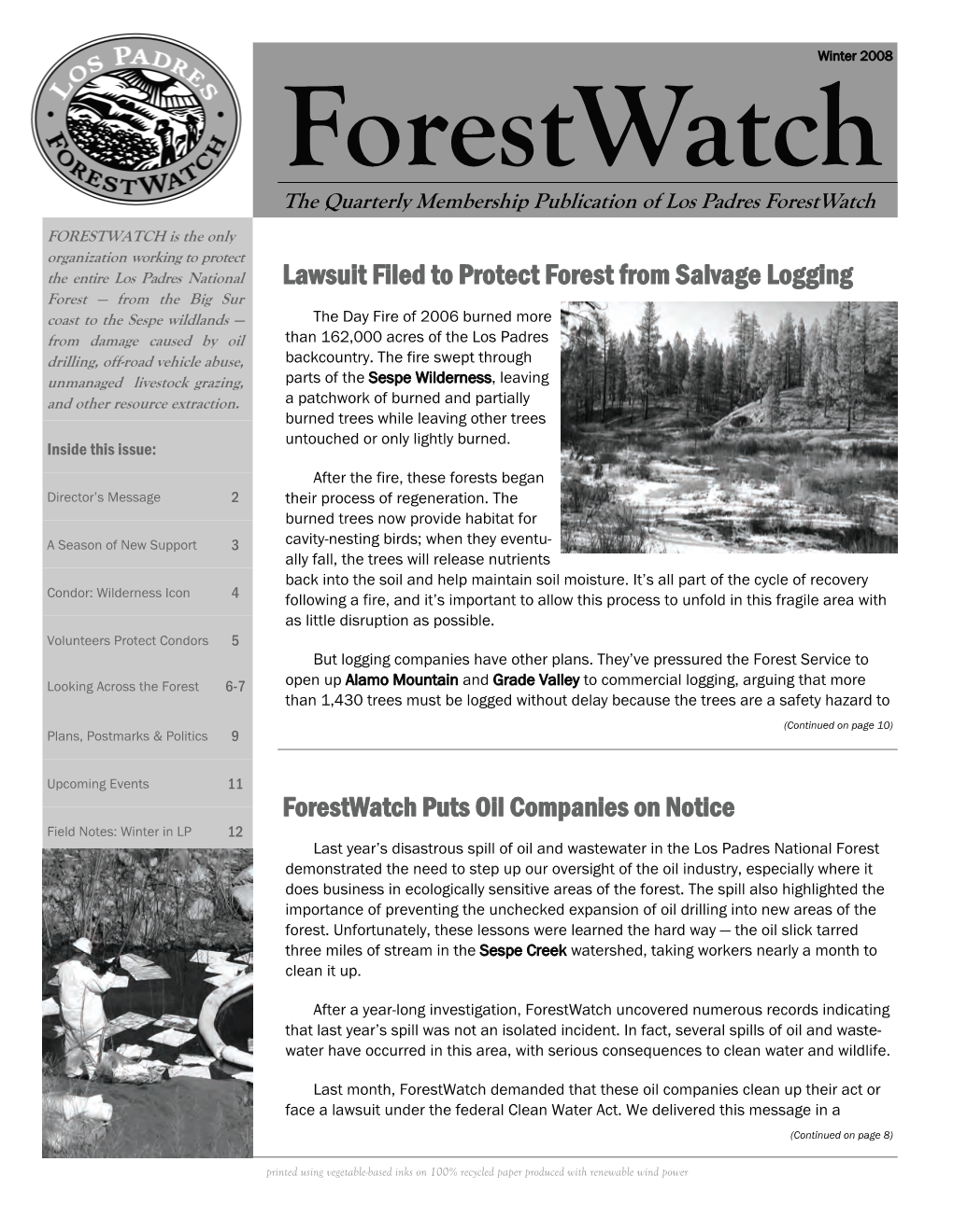 Winter 2008 Forestwatch the Quarterly Membership Publication of Los Padres Forestwatch