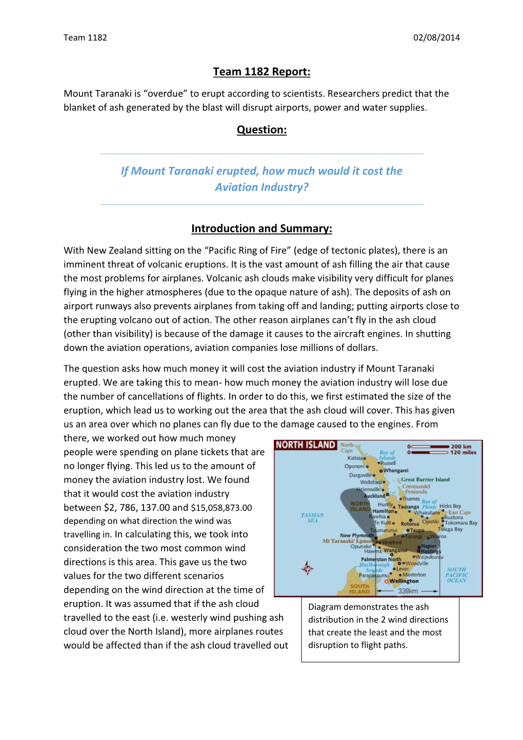 Team 1182 Report: Question: If Mount Taranaki Erupted, How Much Would It Cost the Aviation Industry? Introduction and Summary