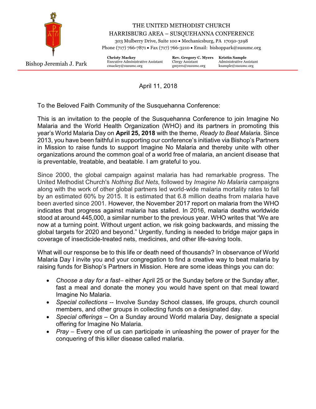 April 11, 2018 to the Beloved Faith Community of the Susquehanna Conference: This Is an Invitation to the People of the Susqueha