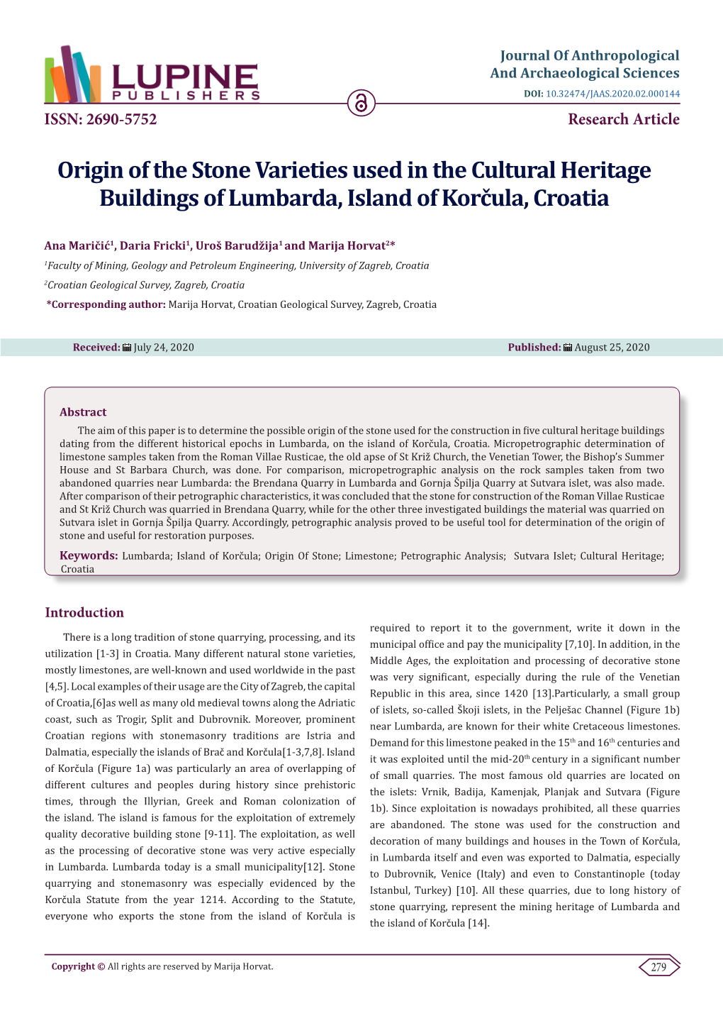 Origin of the Stone Varieties Used in the Cultural Heritage Buildings of Lumbarda, Island of Korčula, Croatia