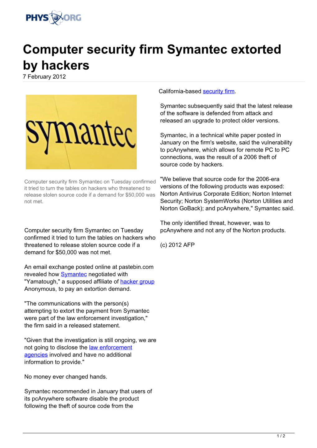 Computer Security Firm Symantec Extorted by Hackers 7 February 2012