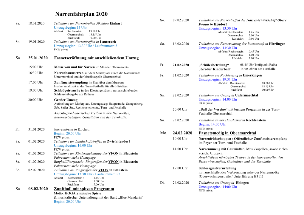 Narrenfahrplan 2020 So