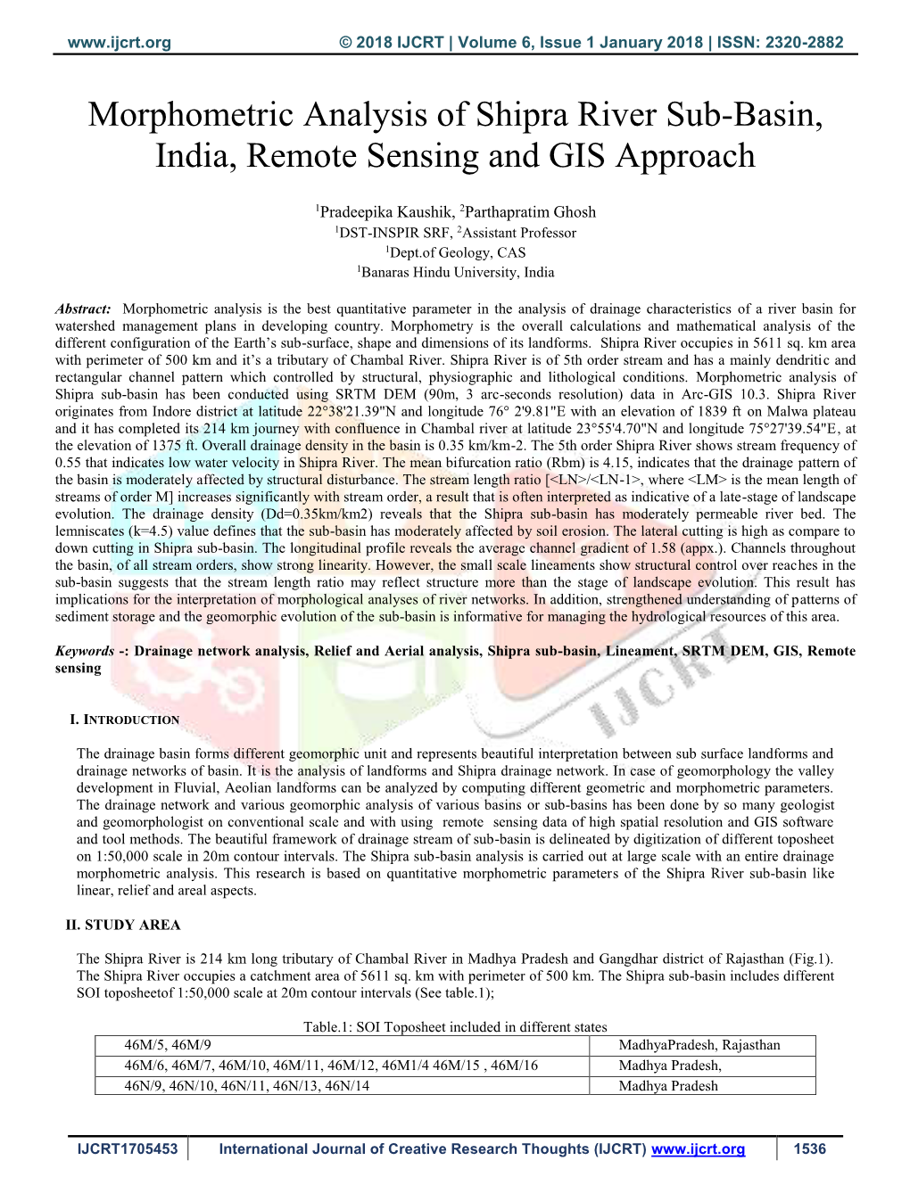 Morphometric Analysis of Shipra River Sub-Basin, India, Remote Sensing and GIS Approach
