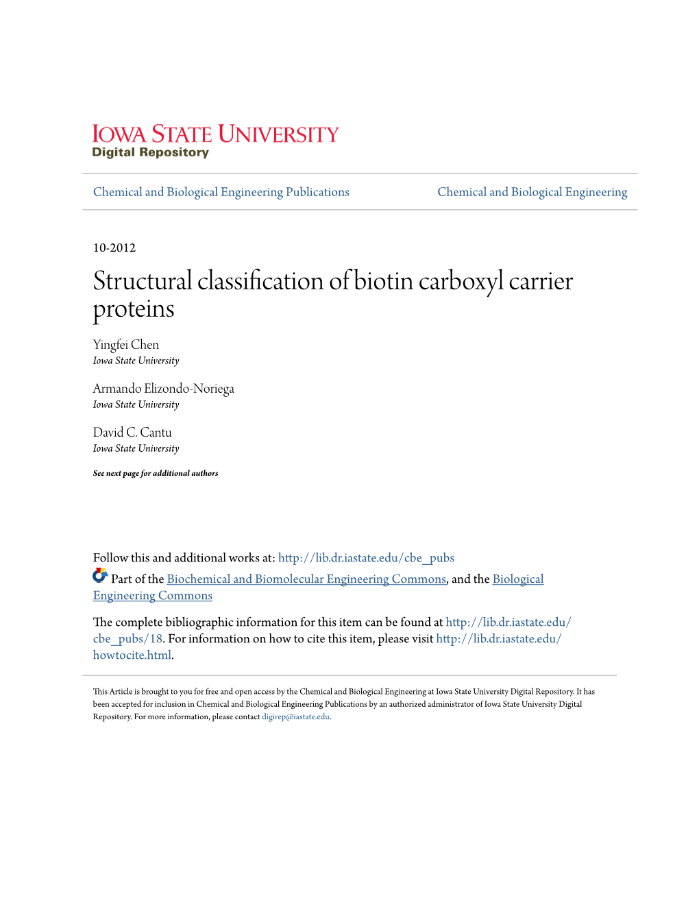 Structural Classification of Biotin Carboxyl Carrier Proteins Yingfei Chen Iowa State University