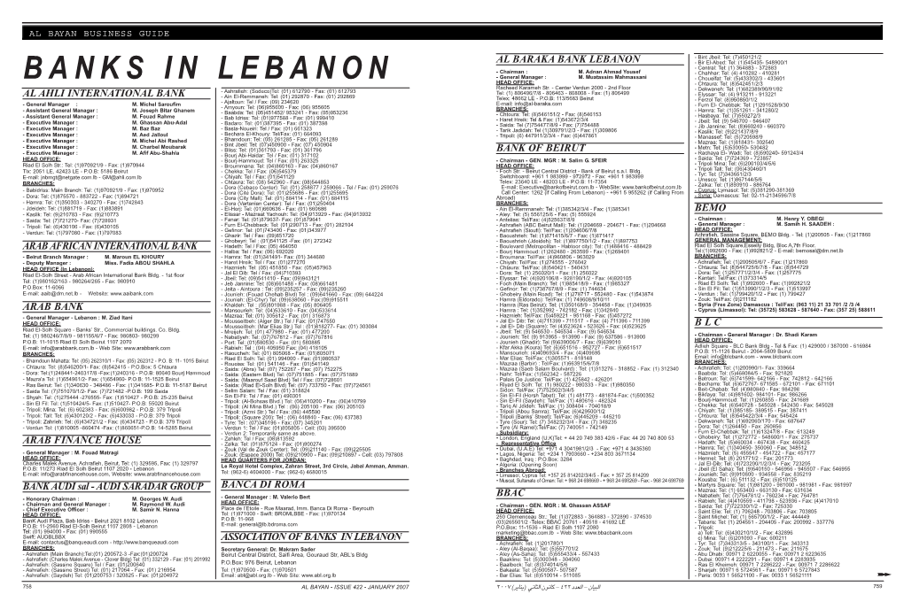 BANKS in LEBANON HEAD OFFICE: - Chtaura: Tel: (8)542451/2/3 Racheed Karameh Str