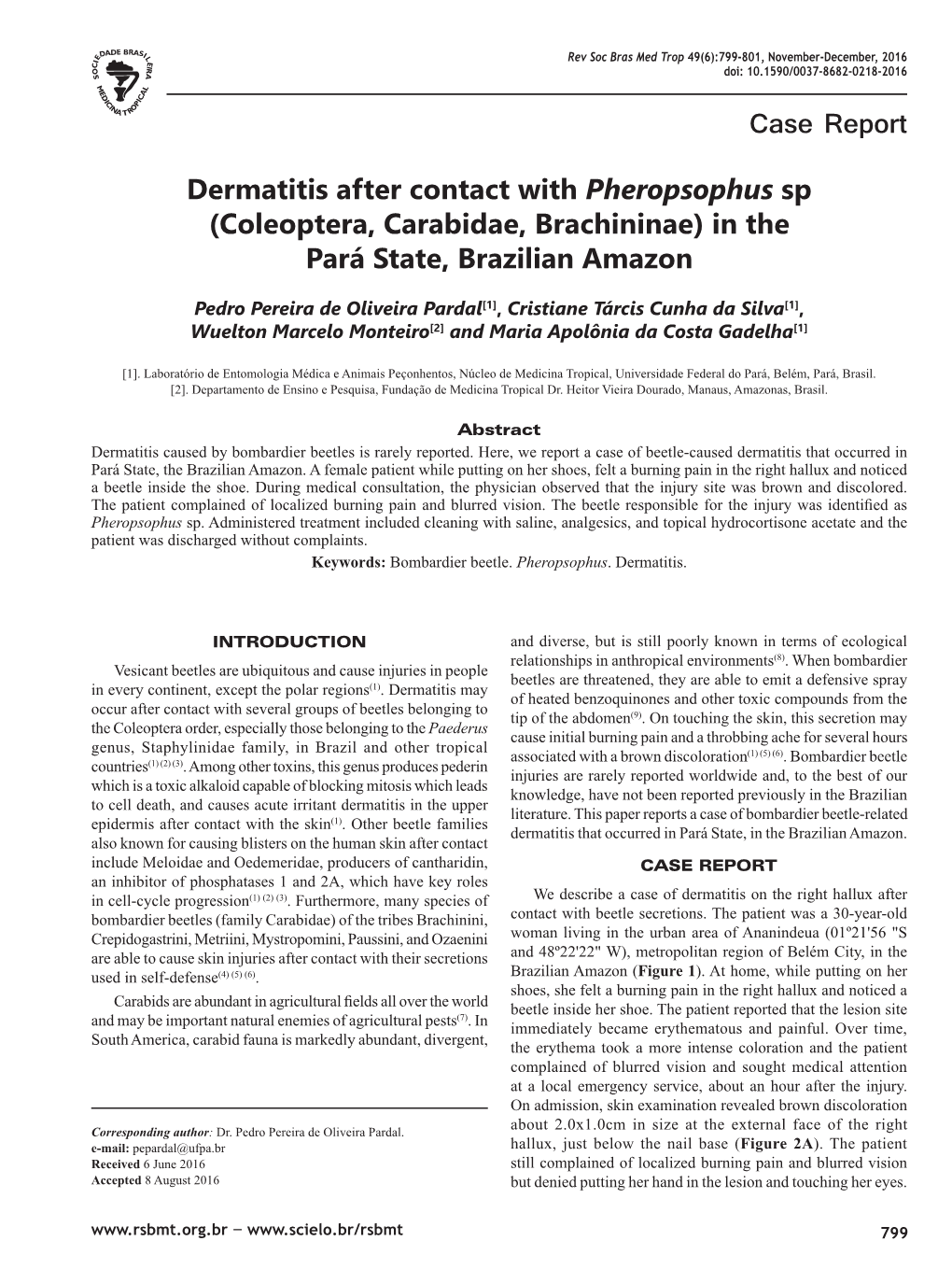 Case Report Dermatitis After Contact with Pheropsophus Sp (Coleoptera