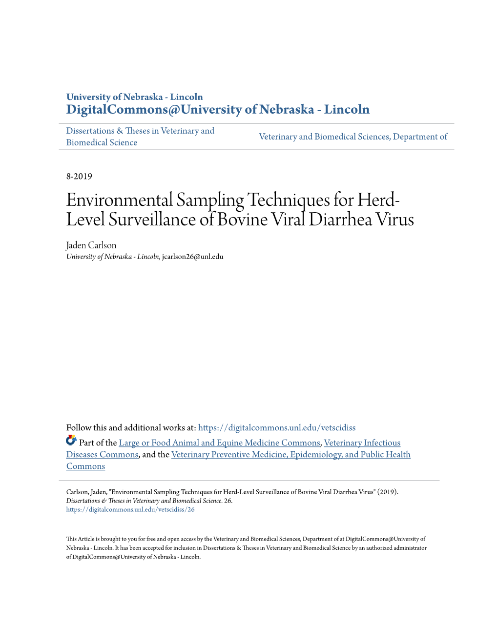 Environmental Sampling Techniques for Herd-Level Surveillance of Bovine Viral Diarrhea Virus" (2019)