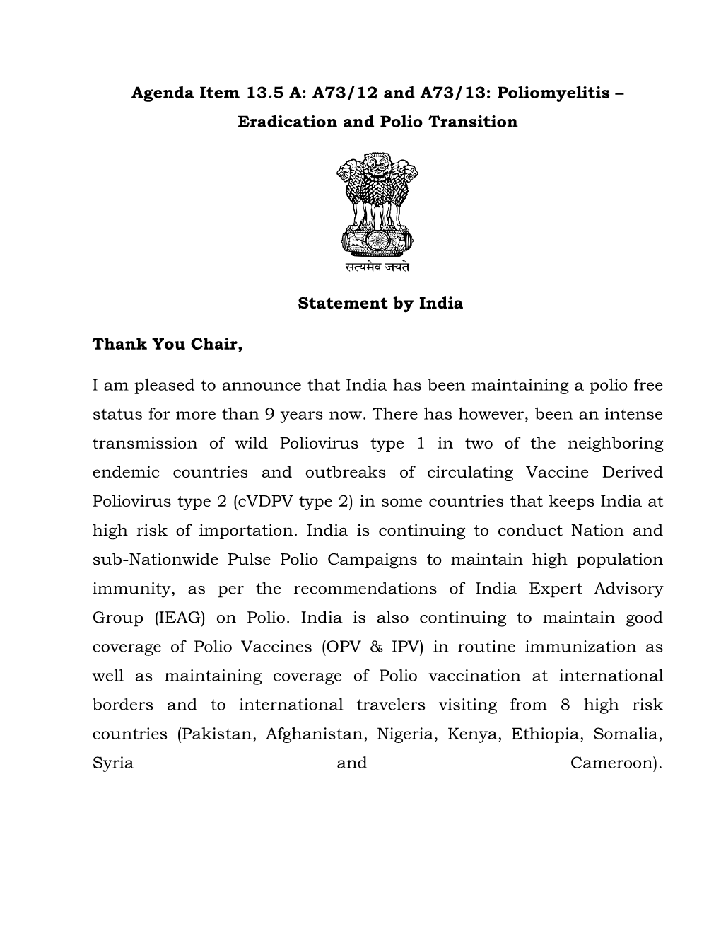 Poliomyelitis – Eradication and Polio Transition Statement by India Thank