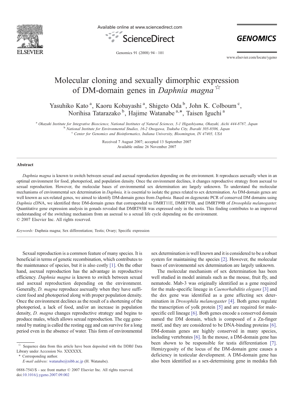 Molecular Cloning and Sexually Dimorphic Expression of DM-Domain Genes in Daphnia Magna ☆