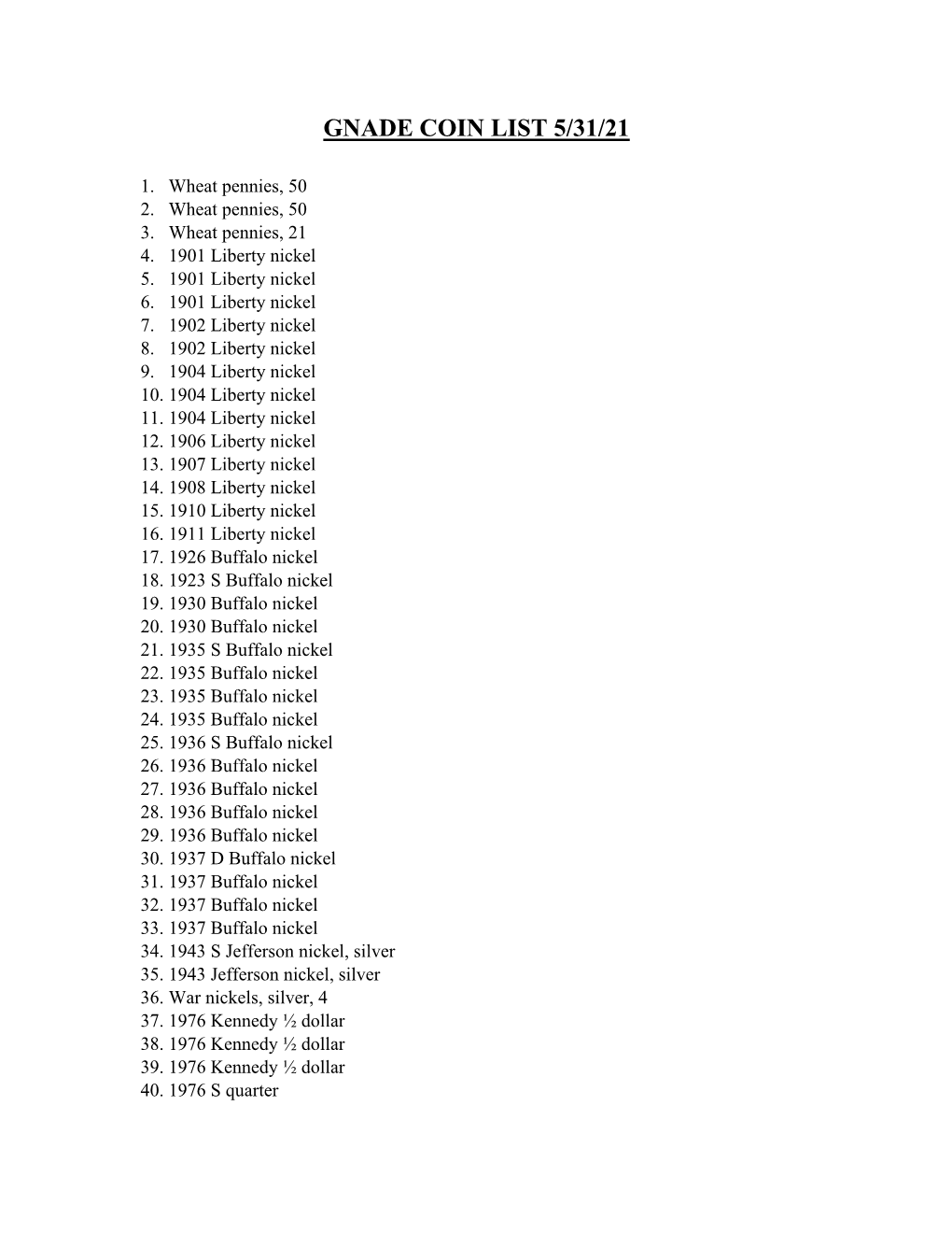 Gnade Coin List 5/31/21