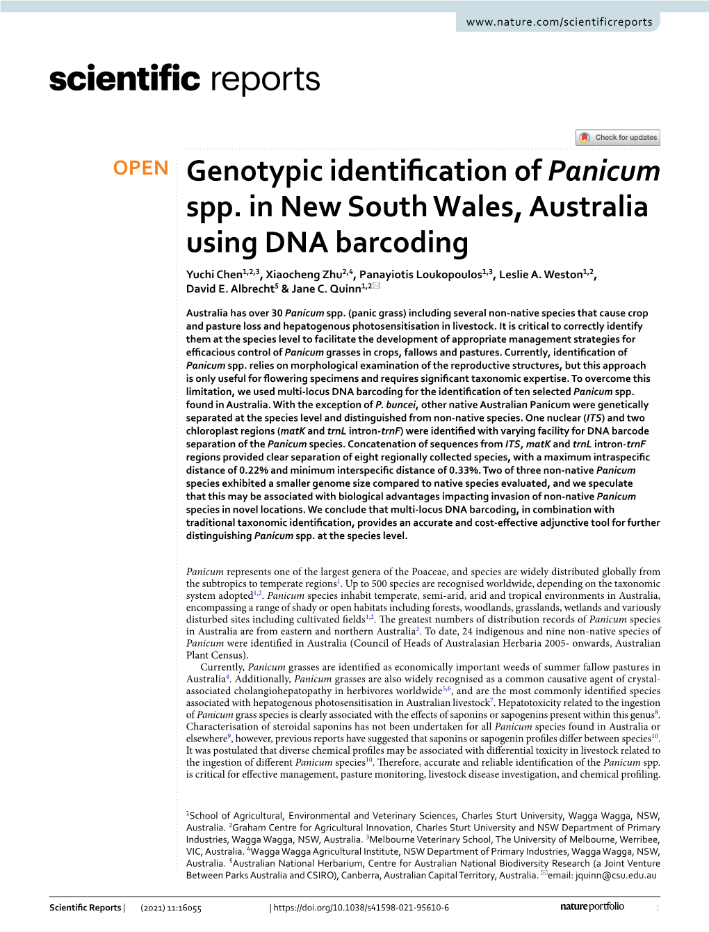 Genotypic Identification of Panicum Spp. in New South Wales, Australia Using DNA Barcoding